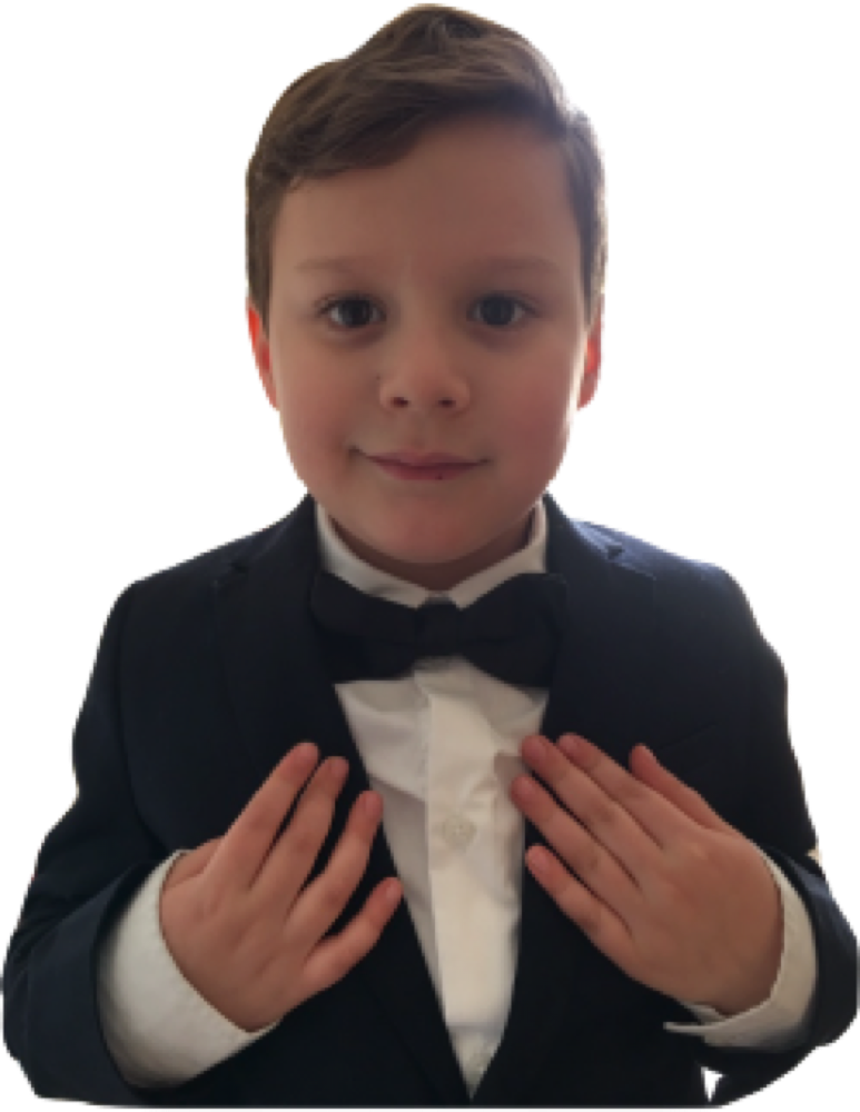 Grandchild in a tuxedo.