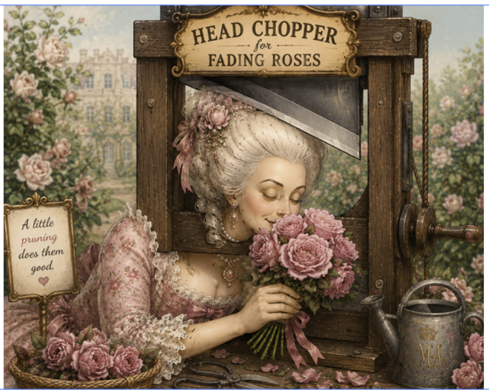 Queen Marie Antoinette inspired rose pruning illustration.